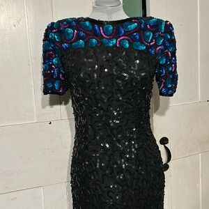 VGUC Vintage Sequined Silk Cocktail Dress Bodycon 1980-90s Disco Mobwife Stenay?